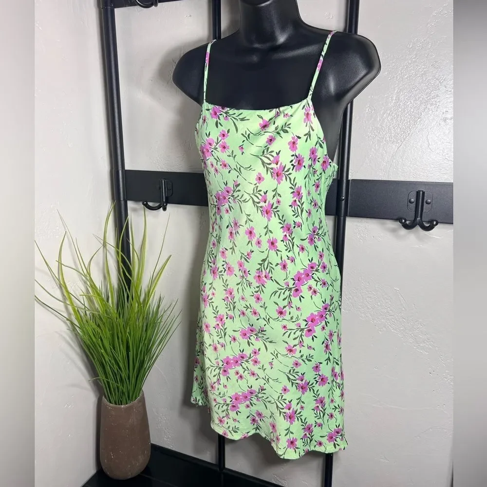Zara Green Pink Floral Mini Satin Slip Dress Size Small